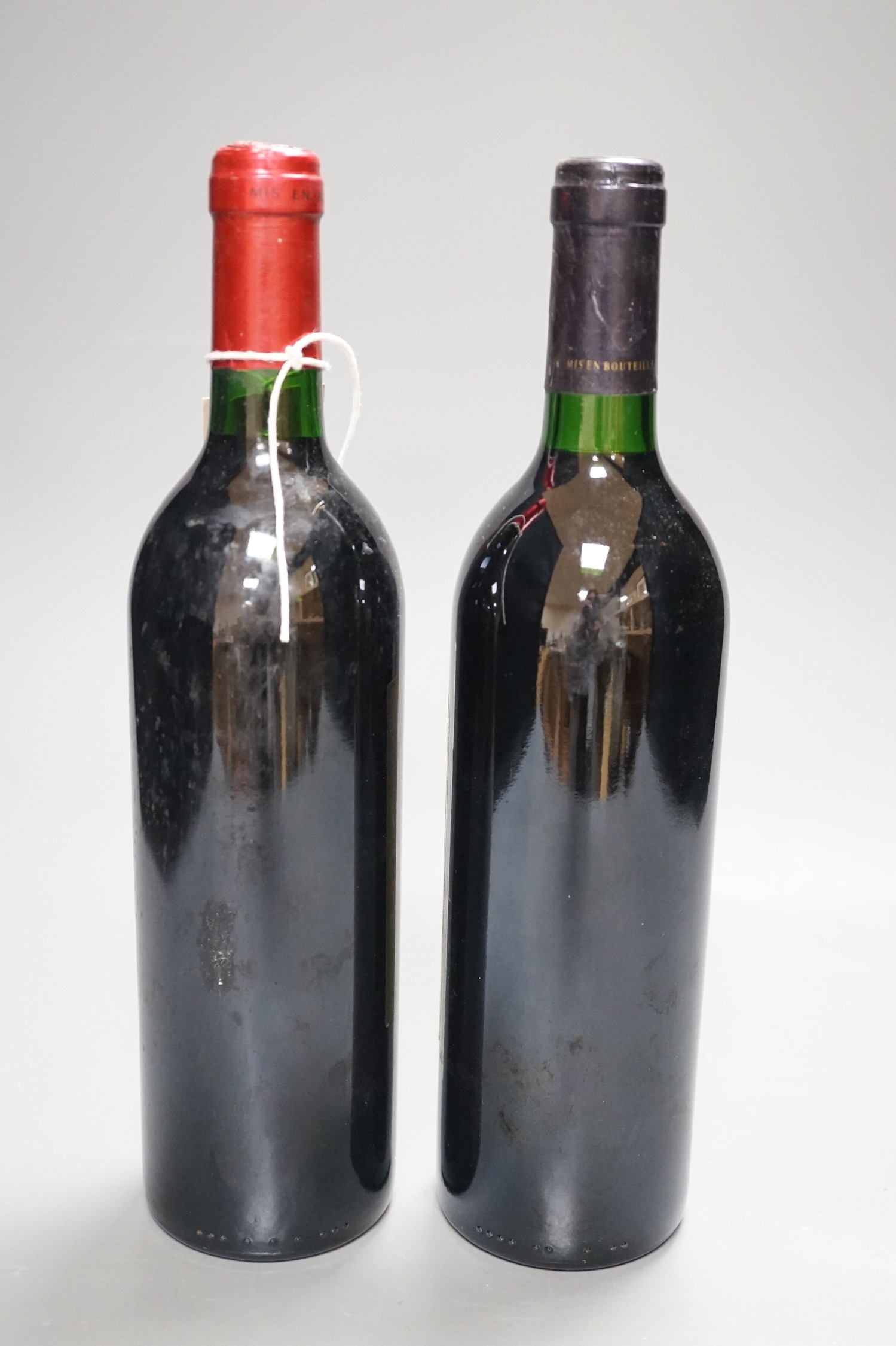 Two bottles of 1988 French wine; 750ml of Château Lanessan Delbos-Bouteiller Haut-Médoc and a 750ml of Chateau Cantenac Brown Margaux